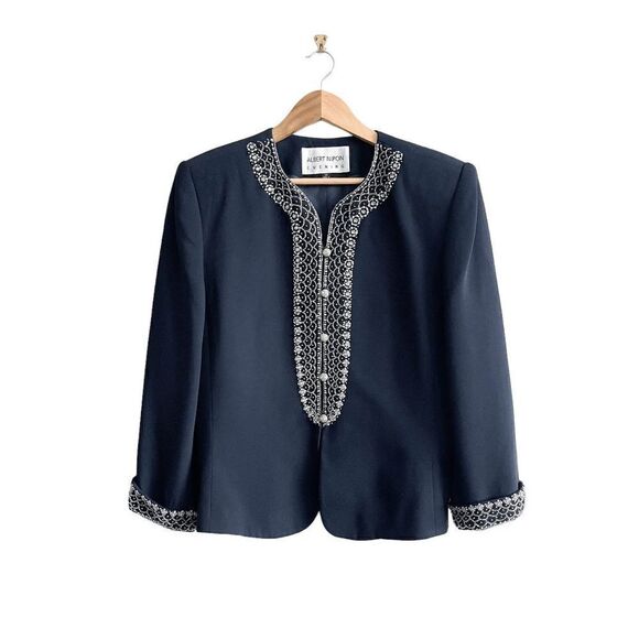 Albert Nipon Evening Navy Jacket Blazer Sequin & Beading On Lapels Cuffs Sz 14 - Picture 1 of 8